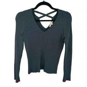 Skies Are Blue Green Cross Back Ribbed Sweater V Neck